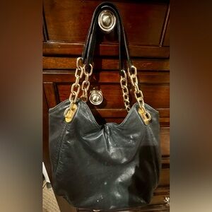 Black Leather Chain-Handle Tote Bag